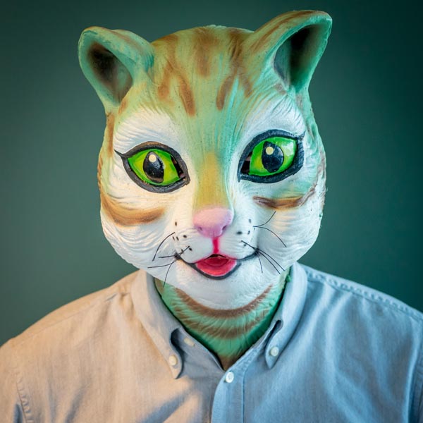 Andy Whitaker wearing a cat mask